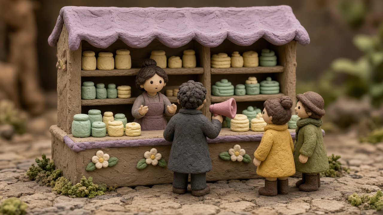 A clay miniature market stall where the stall keeper watches as another figure with a pink megaphone talks to her customers.
