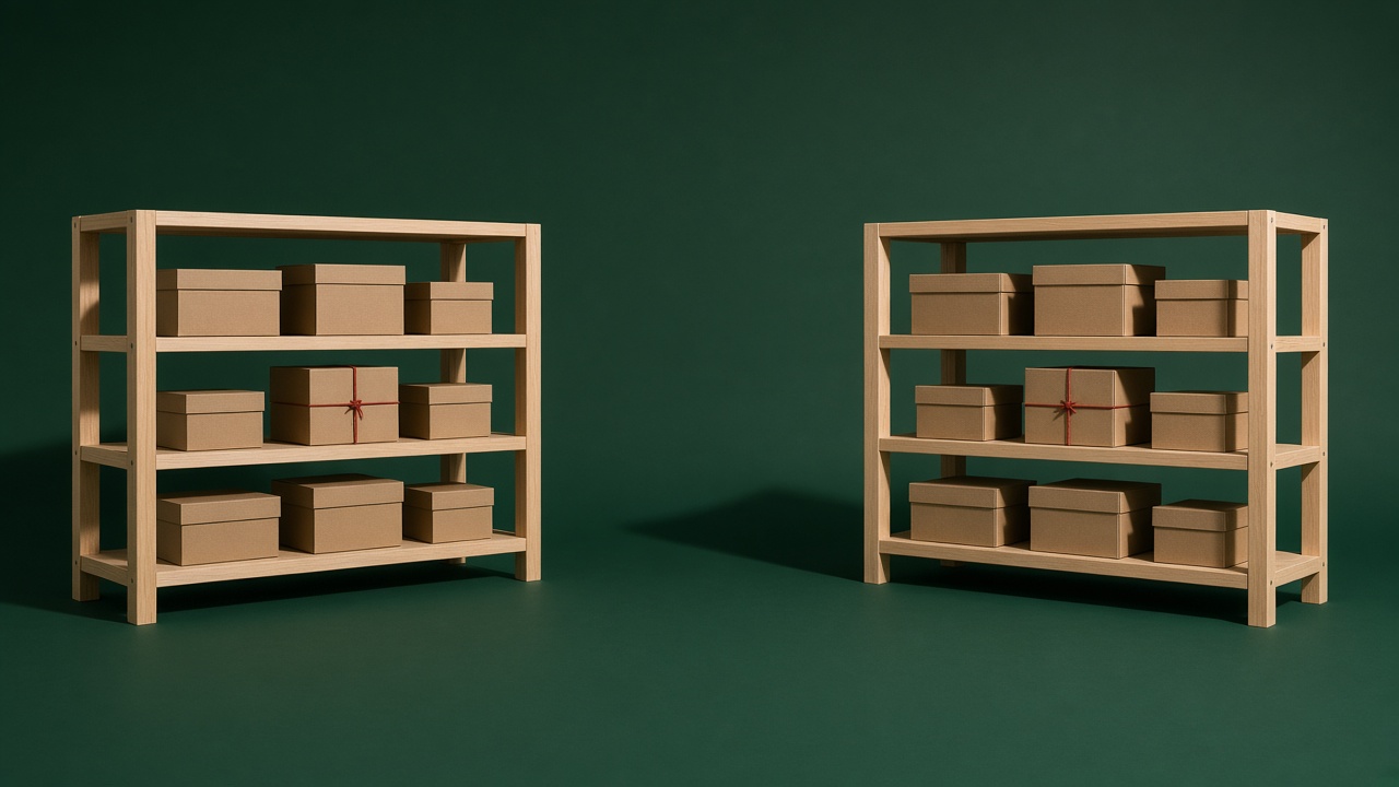 Two identical small shelves stocked with the same plain boxes, set facing each other on a bottle green studio backdrop.