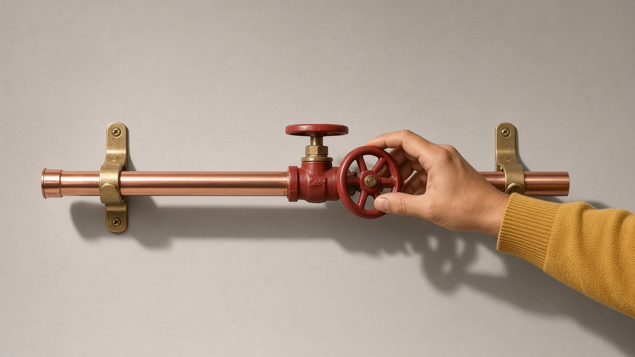 A hand resting on a brick red shutoff valve wheel on a short run of copper pipes against a warm grey studio backdrop.