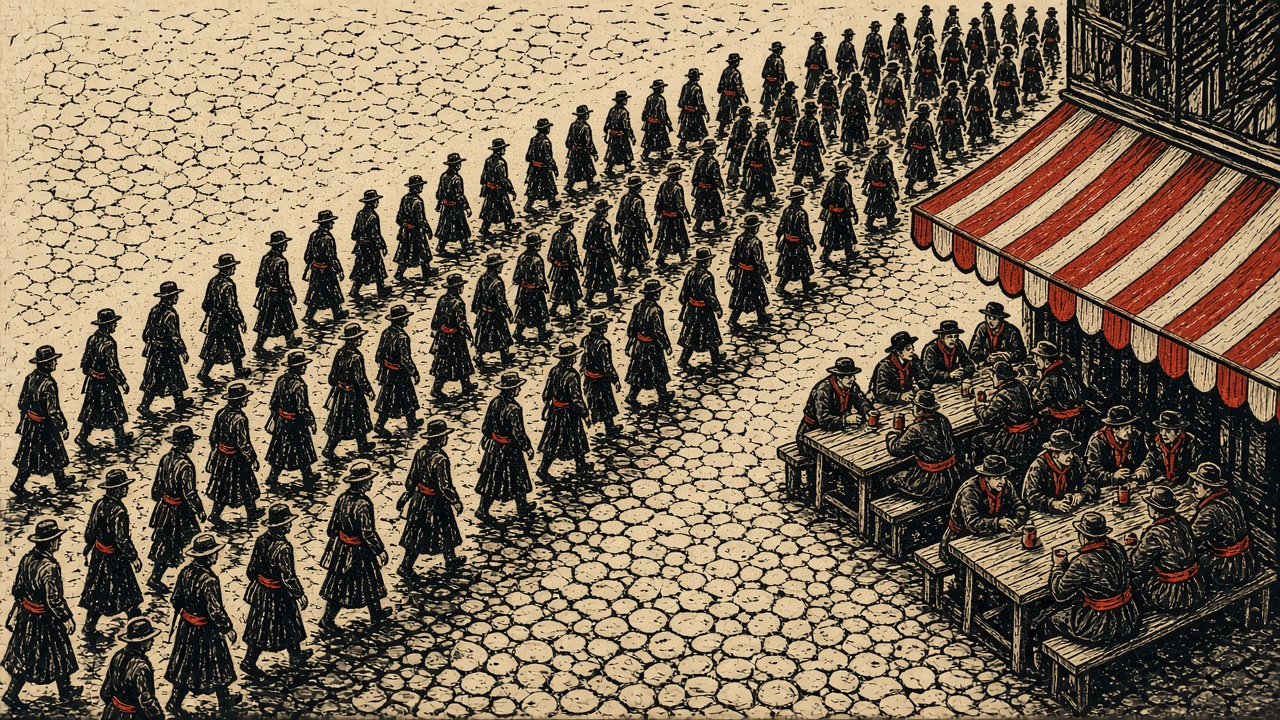 A linocut print of a busy town square where most people walk straight through while a smaller group in red sashes sits together at long tables.