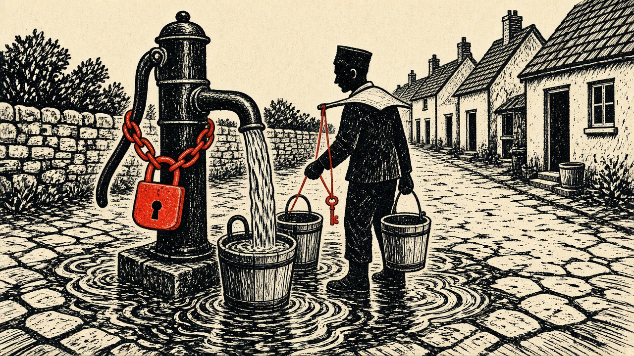 A linocut print of a village water pump fitted with a red padlock while one carrier with a key fills buckets for a few cottages.